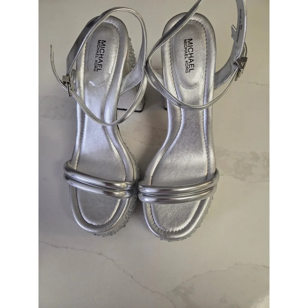 Michael Kors Silver Metallic Rhinestone Platform Block Heel Sandals Womens 9M